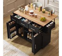 Carrito de Cocina con Madera, Isla con Ala Abatible, Negro, 139x46x91.5 cm