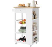 Carrito de cocina con ruedas, isla de cocina móvil con encimera, carro de servicio con cajón, estante para vinos y 3 estantes laterales, ideal para cocina, comedor y salón, fabricado en bambú y color