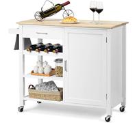 Carrito de cocina de madera con ruedas, estante para vinos y soporte para toallas, isla de cocina con cajones, carro de servicio con superficie de trabajo, color blanco