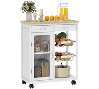 HOMCOM Carrito Isla de Cocina con Ruedas 67x35x80cm Blanco | Carrito de almacenaje, encimera de bambú, puerta de vidrio, 2 cestas de alambre deslizantes, 2 cajones, estante ajustable