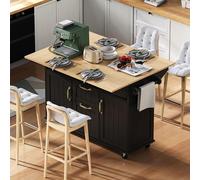 Carrito de cocina móvil - Blanco, con mesa de comedor desmontable - Fabricado en MDF - Con enchufes y soporte para toallas - Isla de cocina con espacio de almacenamiento