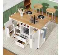 Carrito de cocina okwish con 2 taburetes de bar y estante para vinos, gran capacidad de almacenamiento, isla de cocina con superficie plegable y estante para especias, color blanco