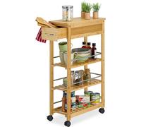 Carrito de cocina Relaxdays con cajón, bambú, color marrón claro y plateado
