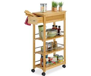 Carrito de cocina Relaxdays con cajón, bambú, color marrón claro y plateado
