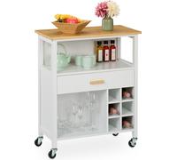 Relaxdays Carrito Auxiliar de Cocina, Botellero, para 6 Botellas, Cajón, 2 Espacios, 80x65x35 cm, Bambú, Blanco/Natural