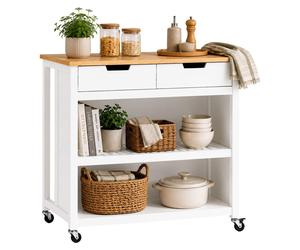 Carrito de cocina Relaxdays, con superficie de trabajo, 2 cajones, 2 compartimentos, posibilidad de sentarse, dimensiones: 94 x 100 x 60 cm, carro auxiliar, blanco/natural