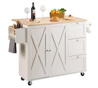 Carrito de cocina tipo isla con encimera de madera maciza, de 45.3 pulgadas de ancho. Carritos móviles con armario de almacenamiento, mesa de cocina con ruedas, estante para especias, toallero, tapa a