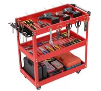 Carrito de herramientas de 3 niveles, estante de almacenamiento, armario rodante, caja de bricolaje, garaje, taller, organizador móvil de metal resistente con ganchos para tablero de clavijas y ruedas