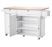 Carrito de isla de cocina de 153 cm con ruedas, armario de almacenamiento, mesa con cajones y superficie abatible
