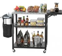 Carrito de parrilla móvil con 3 niveles, una mesita lateral plegable y ruedas giratorias de 360° con freno – Mesa de parrilla de acero inoxidable multifuncional para uso en exteriores, ideal para barb