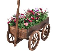 Carrito de plantas de madera con 4 ruedas, carro para flores con asa ajustable y orificios de drenaje, carro para jardín, decoración para exteriores, 120x43x53,5 cm, color marrón