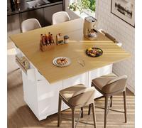 Carrito de servicio extensible, isla de cocina con ruedas, carro de cocina, carro de servicio con cajones, estante para especias y soporte para toallas, color blanco