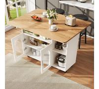 Carrito de servicio Flieks, armario de cocina con encimera plegable, carro de cocina, isla de cocina, carro con estantes y puerta de cristal, carro de alimentos, color blanco