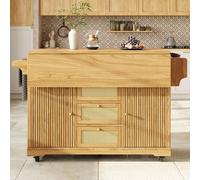 Carrito de servicio MODFU con mesas plegables, carrito de cocina con cajones de ratán de polietileno, isla de cocina de 95 cm con espacio de almacenamiento debajo, color marrón natural