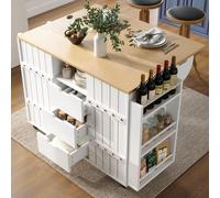 Carrito de servicio MODFU con ruedas, isla de cocina blanca con superficie de trabajo plegable, armario de cocina con tres cajones y puertas correderas, 110 x 70 x 90 cm