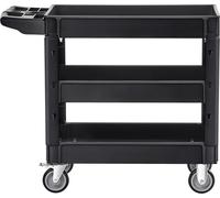 Carrito de servicio utilitario, con 3 estantes y capacidad de 250 kg, carro de plástico resistente con ruedas giratorias de 360° (2 con frenos), estante con borde medio y asa ergonómica para almacenam