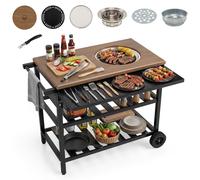 Carrito para barbacoa COSTWAY, mesa para barbacoa con ruedas, carro de servicio con parrilla de carbón, mesa lateral plegable, superficie de trabajo con aspecto de madera y 2 estantes, dimensiones: 94