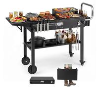 Carrito para barbacoa de COSTWAY, mesa plegable para barbacoa, carro de servicio de metal con ruedas, superficie de trabajo de 79 x 43 cm y ganchos, mesa auxiliar para barbacoa resistente a la intempe