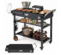 Carrito para barbacoa de exterior, mesa plegable para barbacoa, carro de servicio de metal con ruedas, superficie de trabajo de 86,5 x 46 cm, con ganchos y 3 estantes, mesa para pizza resistente a la