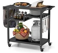 Carrito para barbacoa, mesa para parrilla, mesa para pizza para exteriores, con 4 estantes, 4 ruedas y ganchos. Mesa auxiliar para barbacoa, carro de servicio, carro para jardín para exteriores, 85 x 