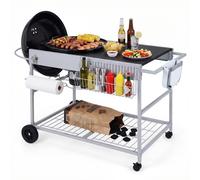 Carrito para parrilla Costway, carro de servicio para parrillas de carbón de 45-55 cm, mesa para parrilla con 4 ruedas, soporte para la tapa, estante para especias y cubo de basura, mesa auxiliar móvi