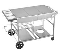 Carrito para parrilla de exterior, con una superficie de mesa de 925 x 595 x 25 mm. Mesa de cocina al aire libre móvil, con 4 recipientes para especias, ruedas, tapas, ganchos y mesas de preparación p