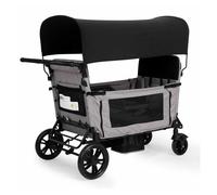 Carrito plegable grande con 4 asientos - asiento convertible en cama, 8 posiciones de manillar, plegable, con toldo y bandeja, ruedas todoterreno, bolsa lateral y portavasos - negro+gris