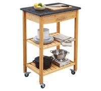 Carro de cocina Relaxdays, con encimera de granito, cajón, 2 niveles, dimensiones: 85 x 58 x 40 cm. Material: bambú. Carro de servicio, color natural/gris antracita