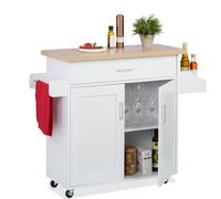 Carro de cocina Relaxdays, con superficie de trabajo, cajón, 2 compartimentos, soporte para especias y toallas, dimensiones: 90 x 114,5 x 39,5 cm, blanco/natural