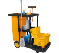 Carro de limpieza profesional con bolsa extra grande, de 113 x 56 x 93 cm, con 3 niveles y gran capacidad. Incluye carro de limpieza y bolsas de basura de 65 litros, color amarillo