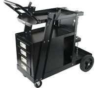 Carro de soldadura con dos niveles y 4 cajones, diseñado para soldadores, con una capacidad de carga de 120 kg, ruedas giratorias de 360°, cadenas de seguridad para el almacenamiento de tanques y una