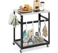 Carro para barbacoa, mesa auxiliar para barbacoa con superficie de acero inoxidable, 2 niveles y ganchos, mesa para barbacoa con ruedas, carrito auxiliar para barbacoa, ideal para exteriores y jardín,