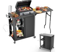 Carro para barbacoa, mesa para barbacoa con mesita auxiliar plegable, cocina para exteriores con ganchos, estante de almacenamiento y armario, carro de servicio con ruedas, cocina para exteriores, 143