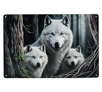 Cartel de chapa de metal con diseño de lobo y madre con niño, color blanco, 30 cm