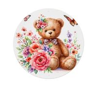 Cartel de metal redondo con diseño de oso de peluche, flores, mariposas, primavera, decoración de pared para interiores y exteriores, póster de metal retro de 8 x 8 pulgadas
