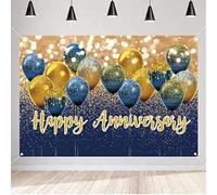 Cartel decorativo de feliz aniversario, telón de fondo de fiesta, cartel de tela, 10, 30, 45, 50 aniversario de boda, fondo azul y dorado, 150 cm x 90 cm