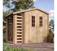 Casa de jardín con estante para leña, fabricada en madera, de 4,47 m2. Caseta de jardín de madera con suelo tratado (impregnado) – B206xL272xH218 cm. Caseta para herramientas – techo impermeable – TIM