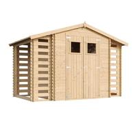 Casa de jardín con estantería para leña, fabricada en madera, de 5,47 m2. - Cobertizo de jardín de madera - Dimensiones: 206 cm de ancho x 328 cm de largo x 218 cm de alto - Almacén para herramientas 