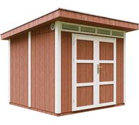 Casa de jardín de alta calidad, 5,9 m², con suelo y tejas de betún. Cobertizo para herramientas, dimensiones: 279 cm de ancho x 293 cm de largo x 239 cm de alto. Cabaña de jardín TIMBELA M903A, madera