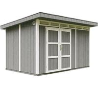 Casa de jardín de alta calidad, 8,7 m², con suelo y tejas de betún. Cobertizo para herramientas, dimensiones: 412 cm de ancho x 279 cm de largo x 239 cm de alto. Cabaña de jardín TIMBELA M904A. Estruc