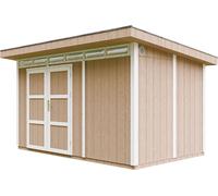 Casa de jardín de alta calidad, 8,7 m², con suelo y tejas de betún. Cobertizo para herramientas, dimensiones: 412 cm de ancho x 279 cm de largo x 239 cm de alto. Cabaña de jardín TIMBELA M904A, color
