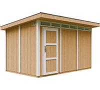 Casa de jardín de alta calidad, 8,7 m², con suelo y tejas de betún. Cobertizo para herramientas, dimensiones: 412 cm de ancho x 279 cm de largo x 239 cm de alto. Cabaña de jardín TIMBELA M904. HARVEST