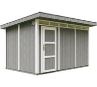 Casa de jardín de alta calidad, 8,7 m², con suelo y tejas de betún. Cobertizo para herramientas, dimensiones: 412 cm de ancho x 279 cm de largo x 239 cm de alto. Cabaña de jardín TIMBELA M904. Estruct