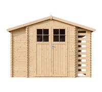 Casa de madera para jardín + cobertizo para leña + suelo tratado. Modelo TIMBELA M389F + M389G. Superficie total: 3,53 + 0,97 + 0,97 m2