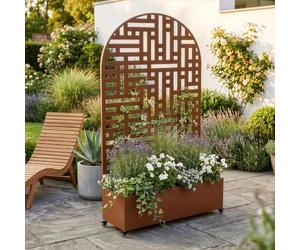 casa.pro Biombo Bernalda con Jardinera Arco Redondeado 190x120x38cm Marrón | Separador de ambientes tabique exterior interior pantalla de privacidad móvil 4 ruedas jardín terraza balcón acero