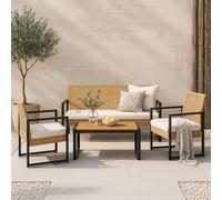casa.pro Muebles de Terraza 4 Piezas - 1 Mesa Rectangular 1 Sofá de Plazas 2 Sillas con Reposabrazos y Cojines - Conjunto de Muebles de Jardin Exterior Acero/Madera/Ratán - Natural y Negro