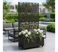 casa.pro Separador de Ambientes Bernalda Metal 186 x 120 x 40 cm - Negro | Biombo móvil con jardinera tabique exterior interior pantalla de privacidad protección terraza 4 ruedas acero galvanizado