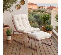 casa.pro Set de Muebles terraza Malmö sillón reposapiés Terracota/Beige | Juego de muebles de jardin exterior 2 piezas 1 silla con otomanas cojines extraíbles acero poliéster 80 x 68 x 95 cm