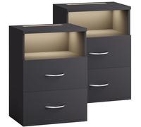 CASARIA® 2X Mesitas de Noche Luz LED Táctil Regulable 2 Cajones 40x28x55cm Mesa Auxiliar Dormitorio Salón Antracita