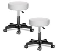 CASARIAŽ 2X Taburete Oficina Giratorio 360° Redondo Ř 35cm con Ruedas Silla Escritorio Trabajo Altura Regulable 46-60cm Acolchado 10cm Resistente Blanco